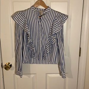 White and blue stripe H&M fringe button down